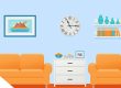 Bright blue living room with an orange sofa and matching armchairs, white storage chest, wall clock, shelves, and lamps on light blue walls.