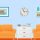 Bright blue living room with an orange sofa and matching armchairs, white storage chest, wall clock, shelves, and lamps on light blue walls.