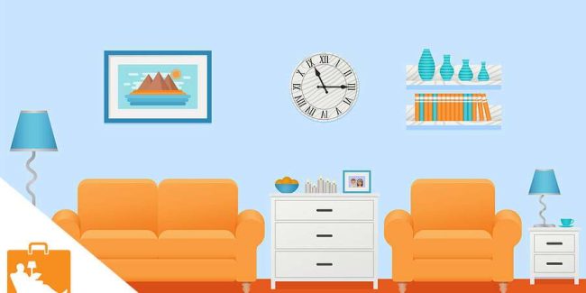 Bright blue living room with an orange sofa and matching armchairs, white storage chest, wall clock, shelves, and lamps on light blue walls.