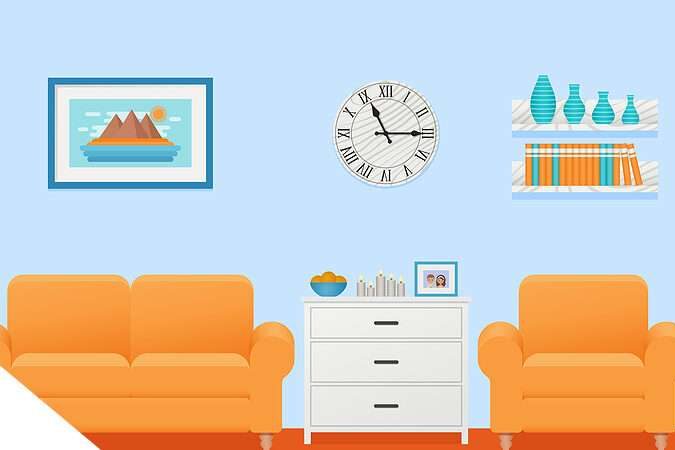 Bright blue living room with an orange sofa and matching armchairs, white storage chest, wall clock, shelves, and lamps on light blue walls.