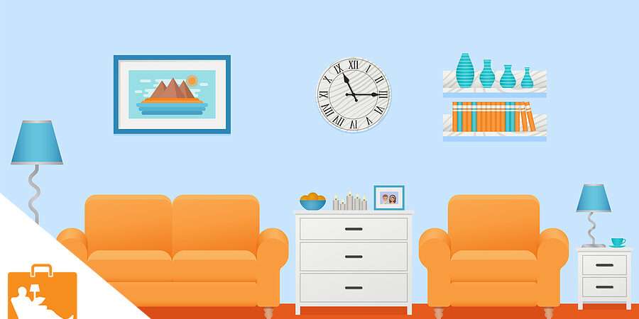 Living Room Interior Vector Lounge With Furniture Home Backgr Bright blue living room with an orange sofa and matching armchairs, white storage chest, wall clock, shelves, and lamps on light blue walls.